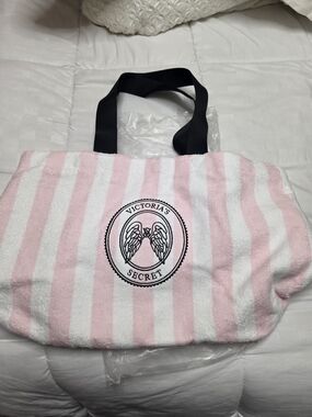 Victoria's Secret Pink & White Striped Logo Tote with Black Handles